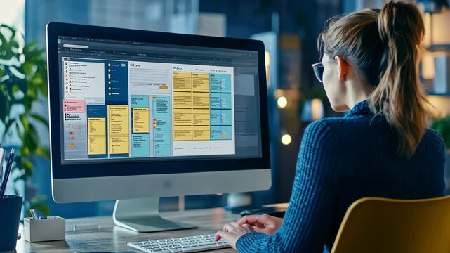 Working on project management software in a modern office setting during the afternoon