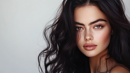 Naklejka premium Gorgeous dark-haired model with glossy waves, perfect for beauty, fashion,