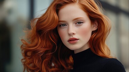 Naklejka premium Gorgeous redhead with wavy, lustrous hair, exuding elegance and style, perfect for beauty and fashion-themed advertising