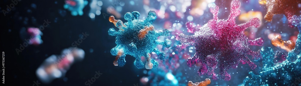 Poster vibrant microscopic view of colorful microorganisms illuminated with soft light, showcasing intricat
