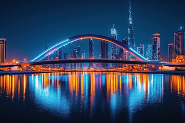 Obraz premium Photo of Dubai's skyline at night, with illuminated skyscrapers and bridges over the water