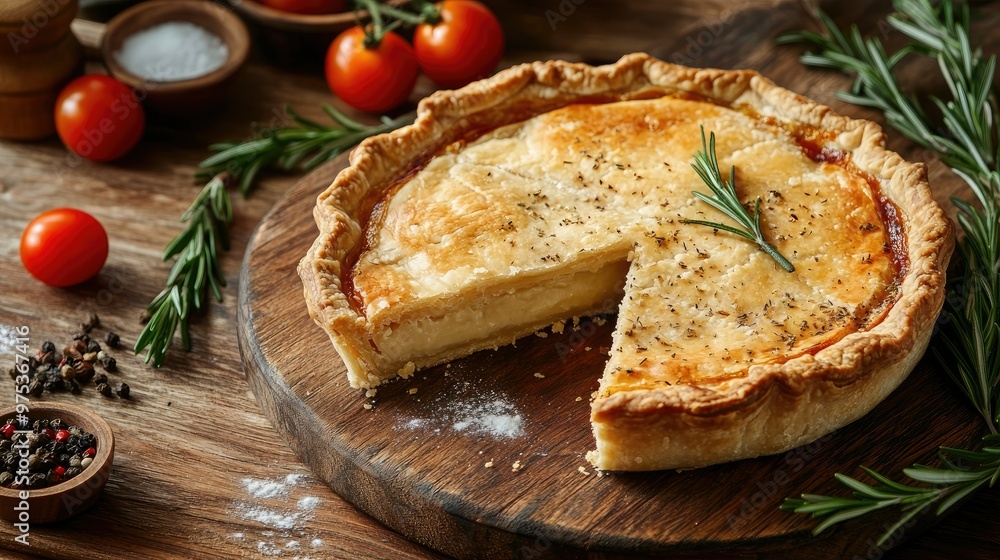 Wall mural A savory pie, golden and baked, with a slice missing. Fresh rosemary, tomatoes, and seasoning like salt and pepper surround it on a wooden table. A healthy home-cooked meal