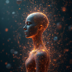 A mesmerizing abstract portrayal of AI as a radiant humanoid figure, enveloped by floating particles and neural pathways. This visual symbolizes the fusion of human intelligence with advanced technolo