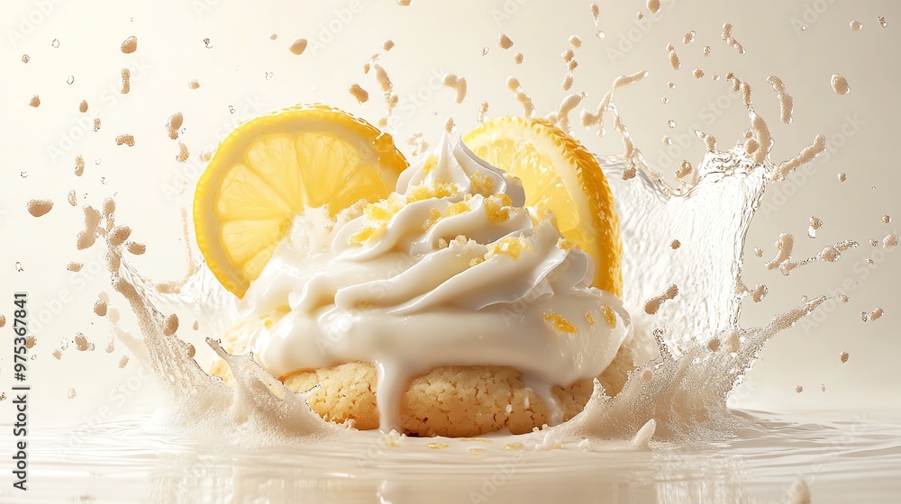 Poster lemon cookie with whipped cream and lemon zest falling into a pool of milk with a big splash.
