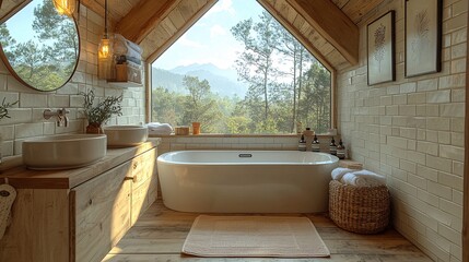 A small, cozy bathroom with a skylight, allowing views of treetops, mountains, and the ocean.