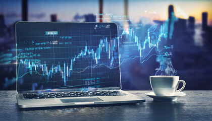 Close up of laptop on desktop with coffee cup and creative forex chart, candlestick graph