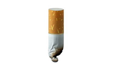 A cigarette with ash stubbed on transparent background