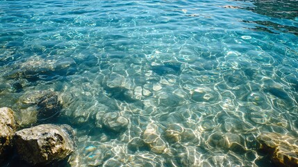 Fototapeta premium A serene view of crystal clear water reflecting sunlight, revealing smooth stones beneath the surface.