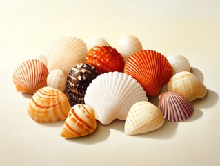 A collection of beautifully colored seashells arranged artfully on a smooth surface, showcasing nature's intricate designs.