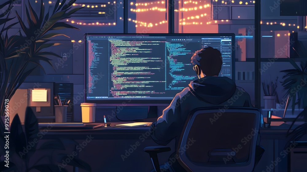 Poster a programmer working late at night with a city view