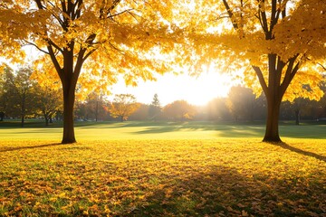 A serene autumn landscape showcasing vibrant golden leaves under sunlight, creating a peaceful and picturesque scene.