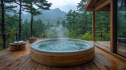 Fototapeta premium A bathroom with a private hot spring, nestled in a forest with mountains and sea views.