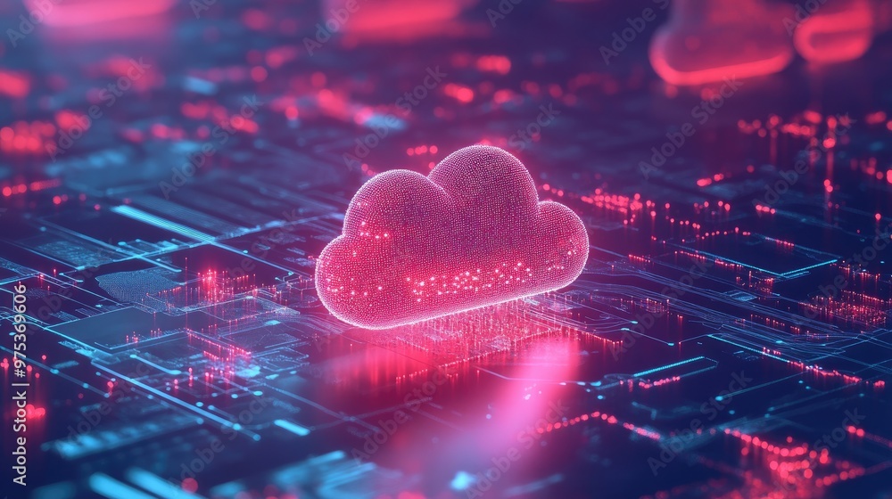 Poster illustration of cloud computing with interconnected data streams, representing big data transfer and