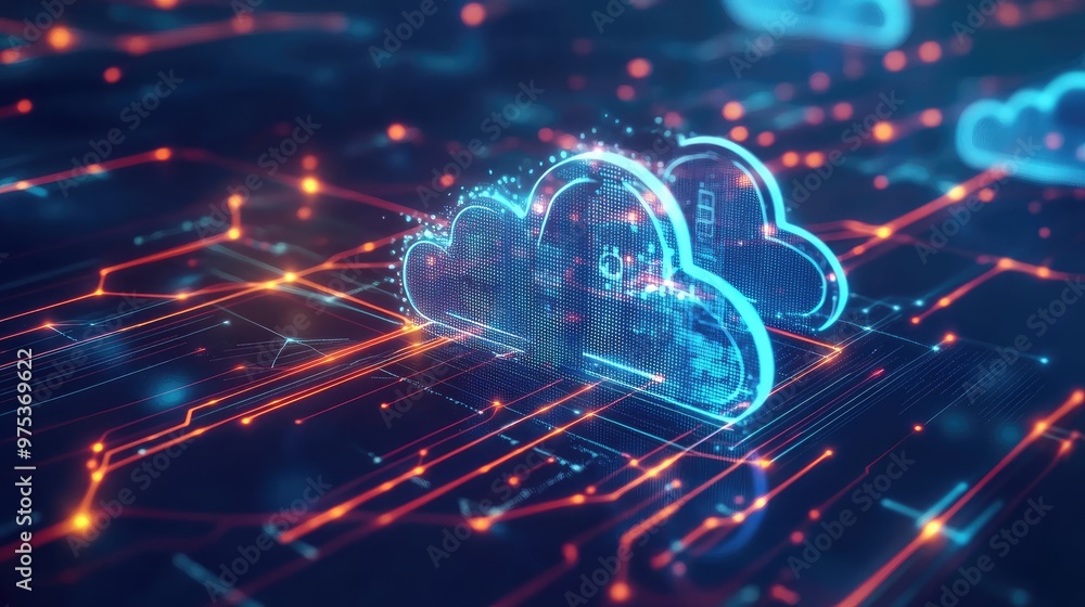 Poster illustration of cloud computing with interconnected data streams, representing big data transfer and