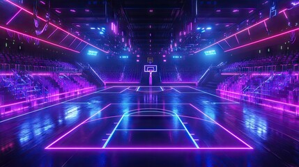 Immersive 3D neon basketball court with glowing lights, set in a futuristic sports arena, ideal for showcasing virtual