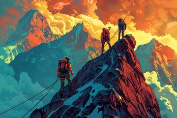 Three people are climbing a mountain, with one of them holding a rifle