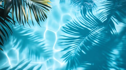 Vibrant blue water surface reflecting sunlight with palm shadows creating a serene tropical atmosphere.