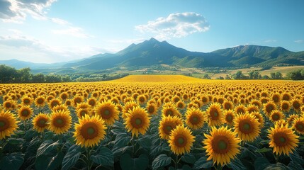 Obraz premium Vibrant sunflower field with mountains under a clear blue sky.