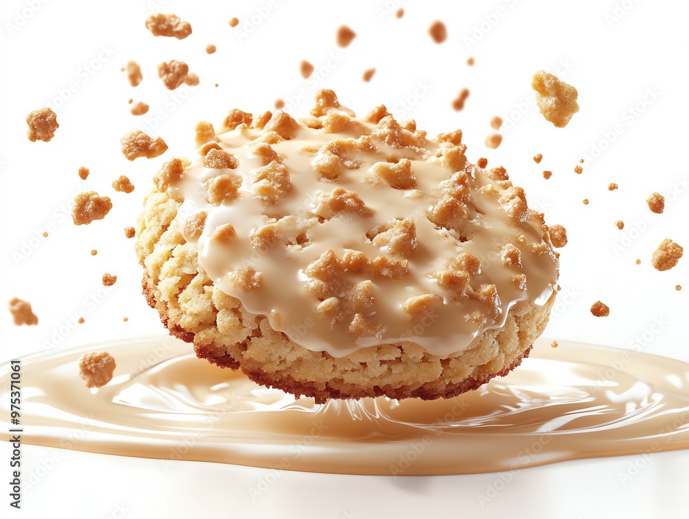 Poster a cookie dipped in caramel sauce with splashes of caramel and cookies falling around it.