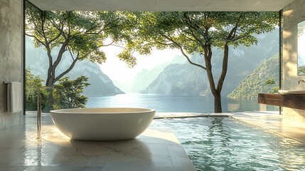 A luxury spa bathroom with a modern, minimalist design, with glass walls showing trees, mountains, and the sea.