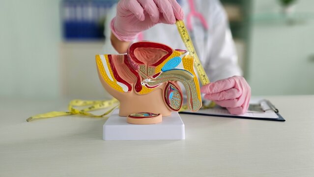 Urologists measure the penis with a measuring tape penis enlargement.Male medical examination of male genitalia penis enlargement 