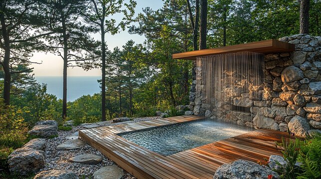 An outdoor shower built from wood and stone, with a forest view and the sea on the horizon.