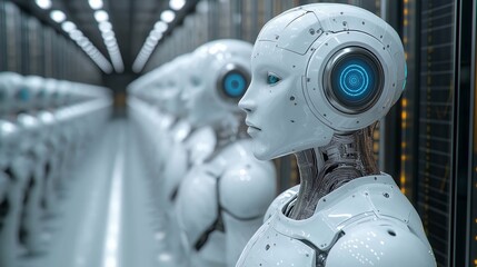 Fototapeta premium AI robots lined up in the corridor inside the database server room. training, innovation, future automation approach, development.