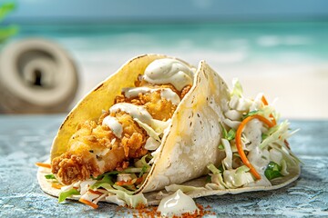 Crispy Fish Taco with Creamy Dressing and Shredded Cabbage