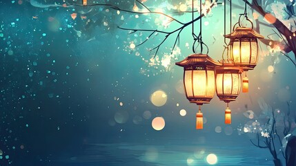 A blue sky with three lanterns hanging from a tree