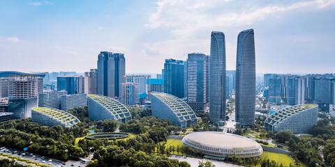 Aerial Photography of the Twin Towers and Urban Skyline of Chengdu Financial City, Sichuan, China
