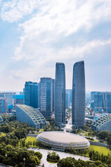 Aerial Photography of the Twin Towers and Urban Skyline of Chengdu Financial City, Sichuan, China