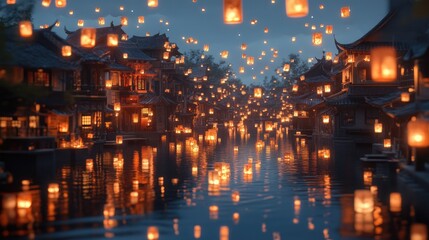 A city with many houses lit up with lanterns