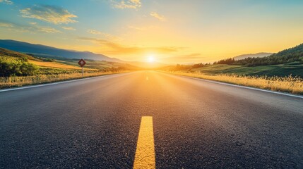Fototapeta premium Scenic Sunset Highway Winding Through Picturesque Rural Countryside Landscape