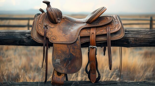 A simple, brown leather saddle resting on a fence under open skies