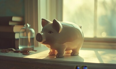 A simple, ceramic piggy bank on a shelf, bathed in soft light