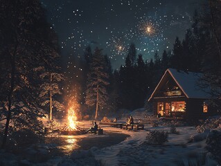 A cozy cabin in the woods with a fire crackling in front, surrounded by snow and two people enjoying the warm fire on a cold night, while fireworks light up the sky.