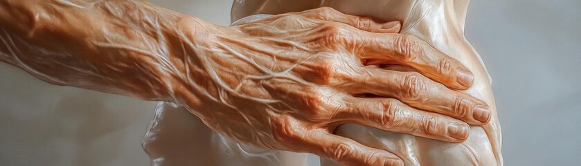 Fototapeta premium A close-up view of a hand resting on a surface, showcasing intricate details of skin texture and aged features.