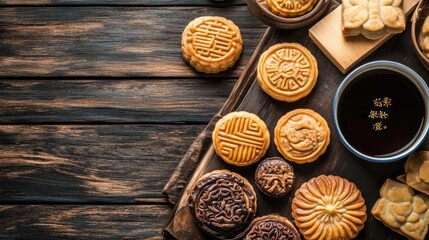 A wooden table with a variety of pastries and a cup of coffee