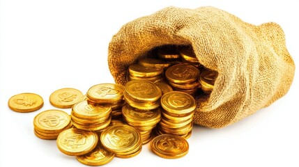 A treasure sack full of gold coins, with several neat stacks placed on a bright white background. Perfect for illustrating wealth and treasure.