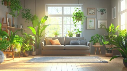 Fototapeta premium A bright and airy living room with a large window, a comfortable couch, a rug, and an abundance of potted plants.