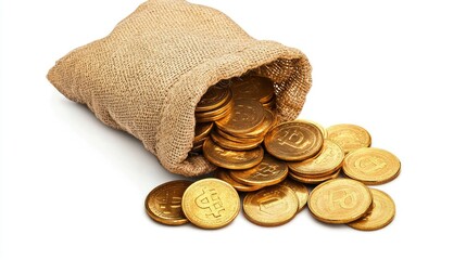 A treasure sack with gold coins scattered and stacked around it on a white background. Shiny coins represent riches and fortune.