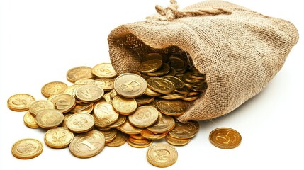 A treasure sack with gold coins scattered and stacked around it on a white background. Shiny coins represent riches and fortune.