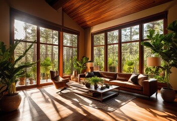 Fototapeta premium natural sunlight enhancing rich wood grain texture creating warmth depth beautiful home interior, beauty, colors, design, luxury, rustic, organic, patterns