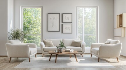 A bright and airy living room with a white sofa, two armchairs, a wooden coffee table, and large windows overlooking a green garden.
