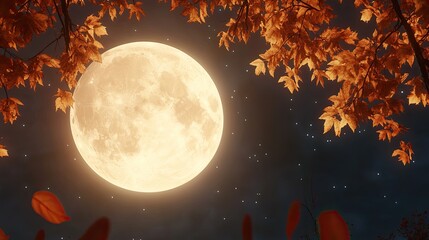 A large yellow moon is shining brightly in the night sky