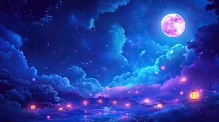 A beautiful night sky with a large pink moon and a few stars