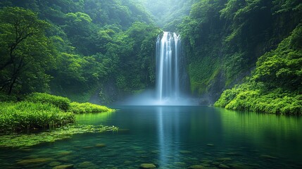 Majestic waterfall cascading down a lush green cliff into a crystal-clear pool, surrounded by verdant foliage.