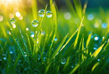 Fototapeta premium vibrant green lawn glimmering fresh morning dew sunlit outdoor setting, aesthetic, alive, biodiversity, blooming, botanical, bright, charm, daylight