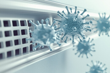  closeup view of viruses emerging from an air vent, symbolizing airborne transmission and health risks due to poor ventilation. 