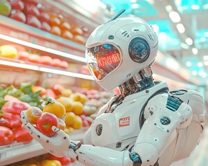 Concept of good health, AI elegant Robot Analyzes Nutrition Facts of Healthy Fruits in Supermarket